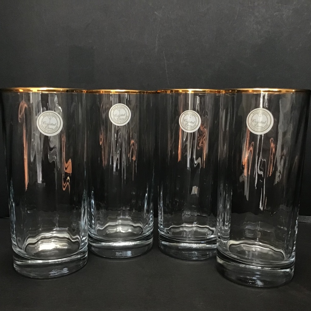 Set Of 4 Four Crystal Clear Glasses Made in Turkey Gold Rim 16oz MCM Highballs